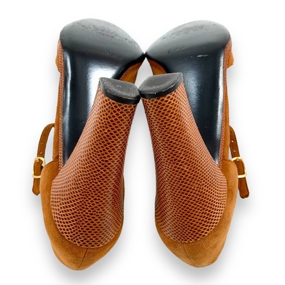 1970's CHARLES JOURDAN Paris suede and snakeskin T-strap high heel shoes - Picture 10 of 15